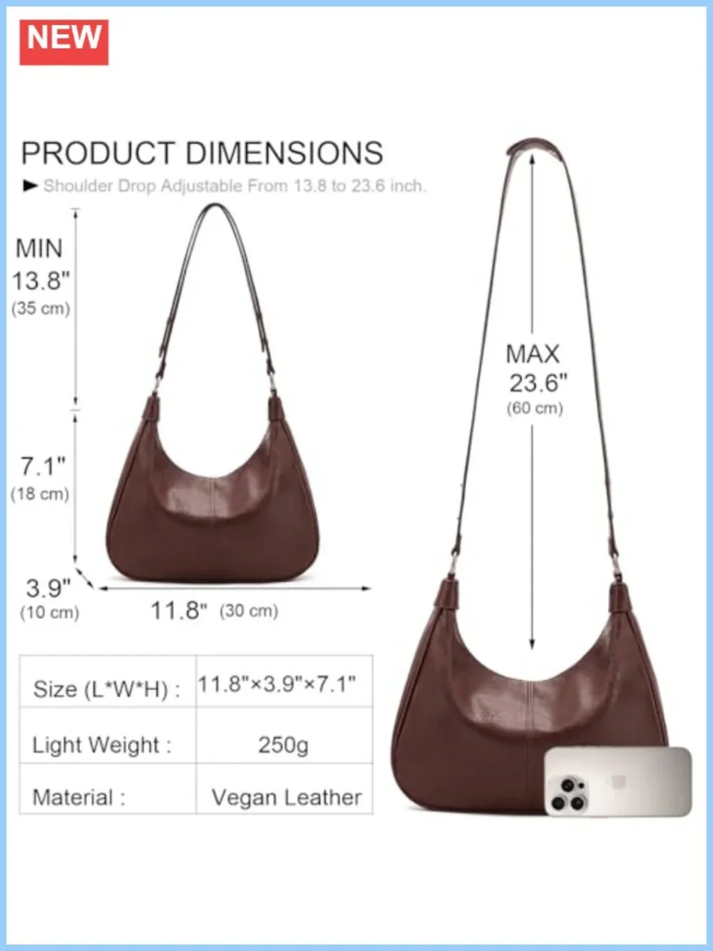 Vegan Leather Hobo Shoulder Bag Crossbody Purse Adjustable Strap